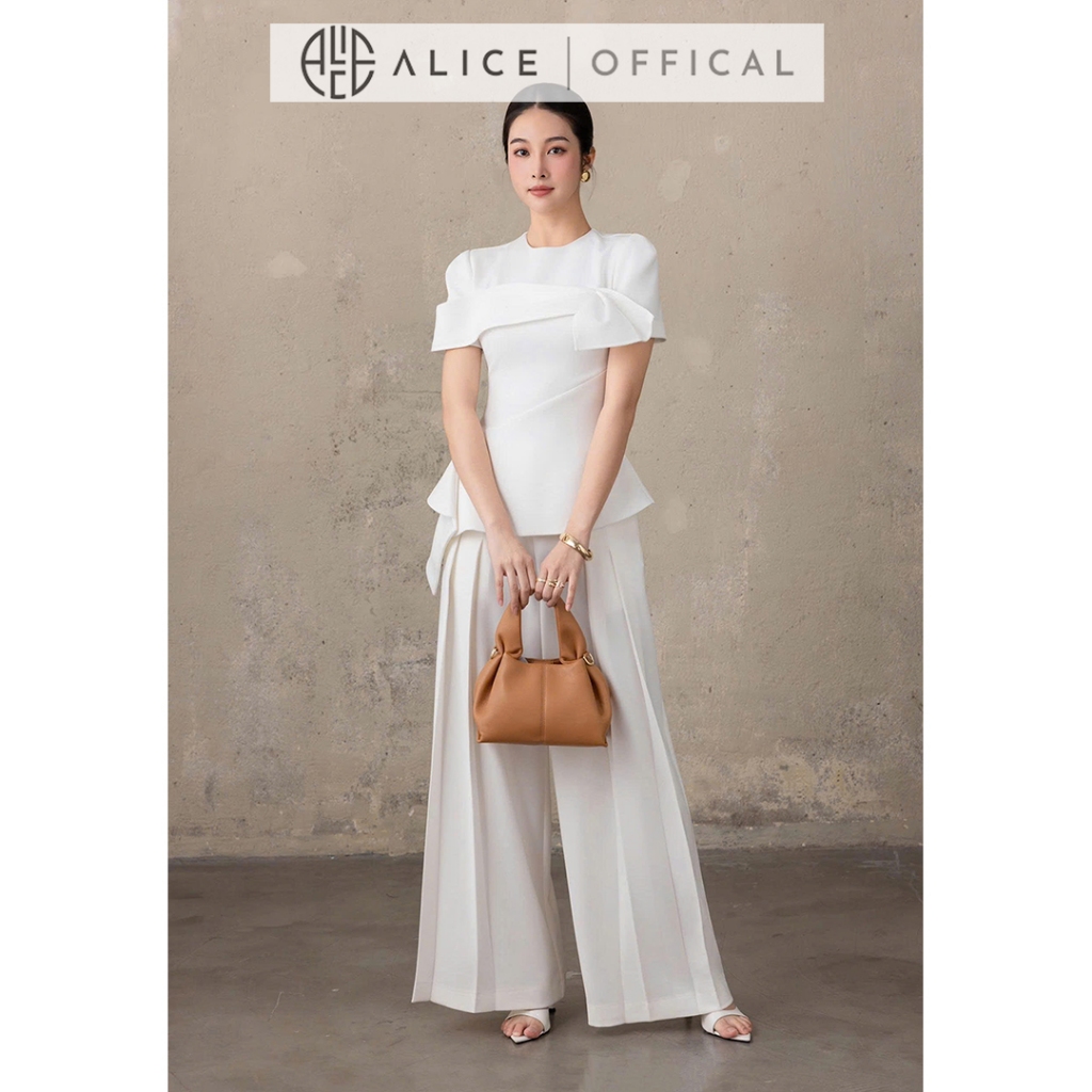 Set Đồ Công Sở Alice Chất Chéo Rubi Lót Lụa, Áo Peplum Cổ Tròn Phối Quần Ống Rộng Xếp Ly S1040