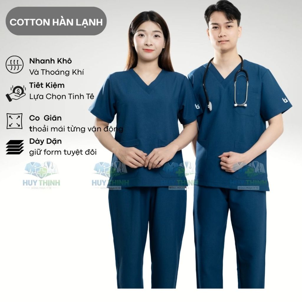 Bộ Scrubs cổ tim màu xanh coban vải cotton lạnh hàn cao cấp, đồng phục phòng khám,spa,phòng mổ, áo nha khoa điều dưỡng