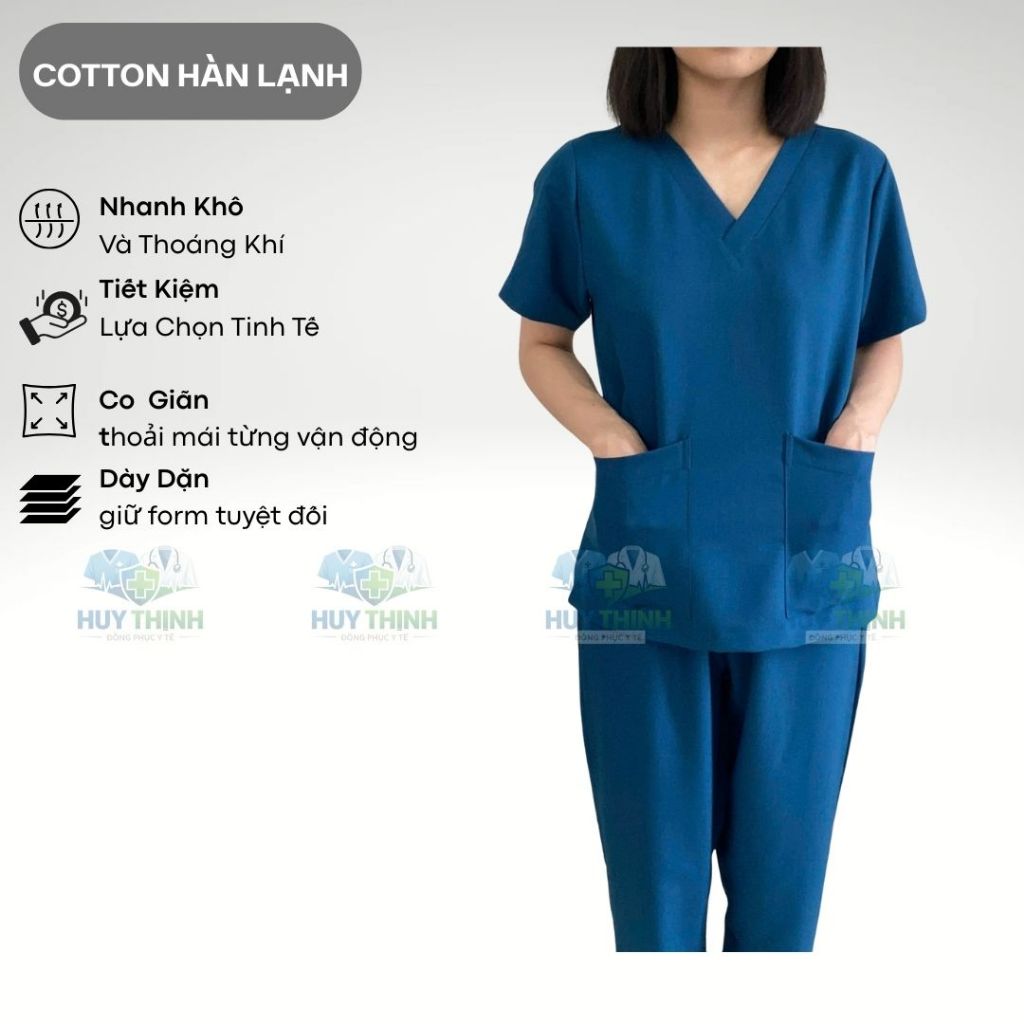 Bộ Scrubs cổ tim màu xanh coban vải cotton lạnh hàn cao cấp, đồng phục phòng khám,spa,phòng mổ, áo nha khoa điều dưỡng