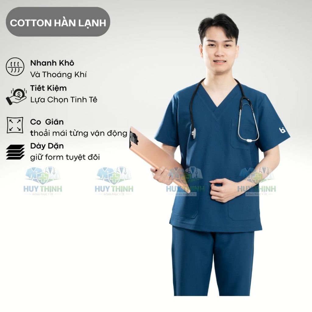 Bộ Scrubs cổ tim màu xanh coban vải cotton lạnh hàn cao cấp, đồng phục phòng khám,spa,phòng mổ, áo nha khoa điều dưỡng