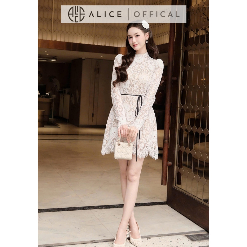 Váy Ren Hoa Cao Cấp Alice Dáng Ngắn Chữ A, Đầm Dài Tay Cổ Tròn Phối Dây Eo Tôn Dáng, Có Lót Lụa V1451