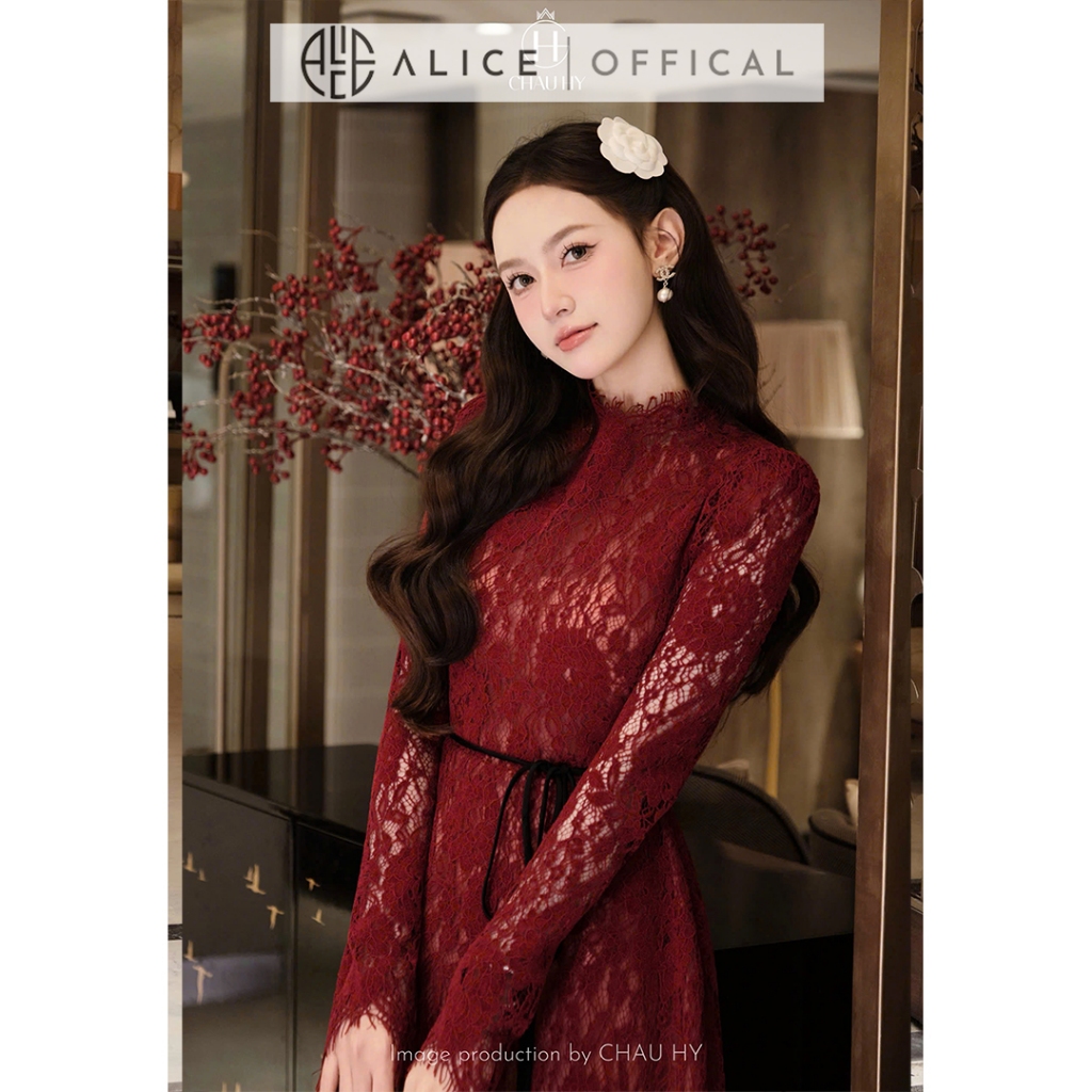 Váy Ren Hoa Cao Cấp Alice Dáng Ngắn Chữ A, Đầm Dài Tay Cổ Tròn Phối Dây Eo Tôn Dáng, Có Lót Lụa V1451