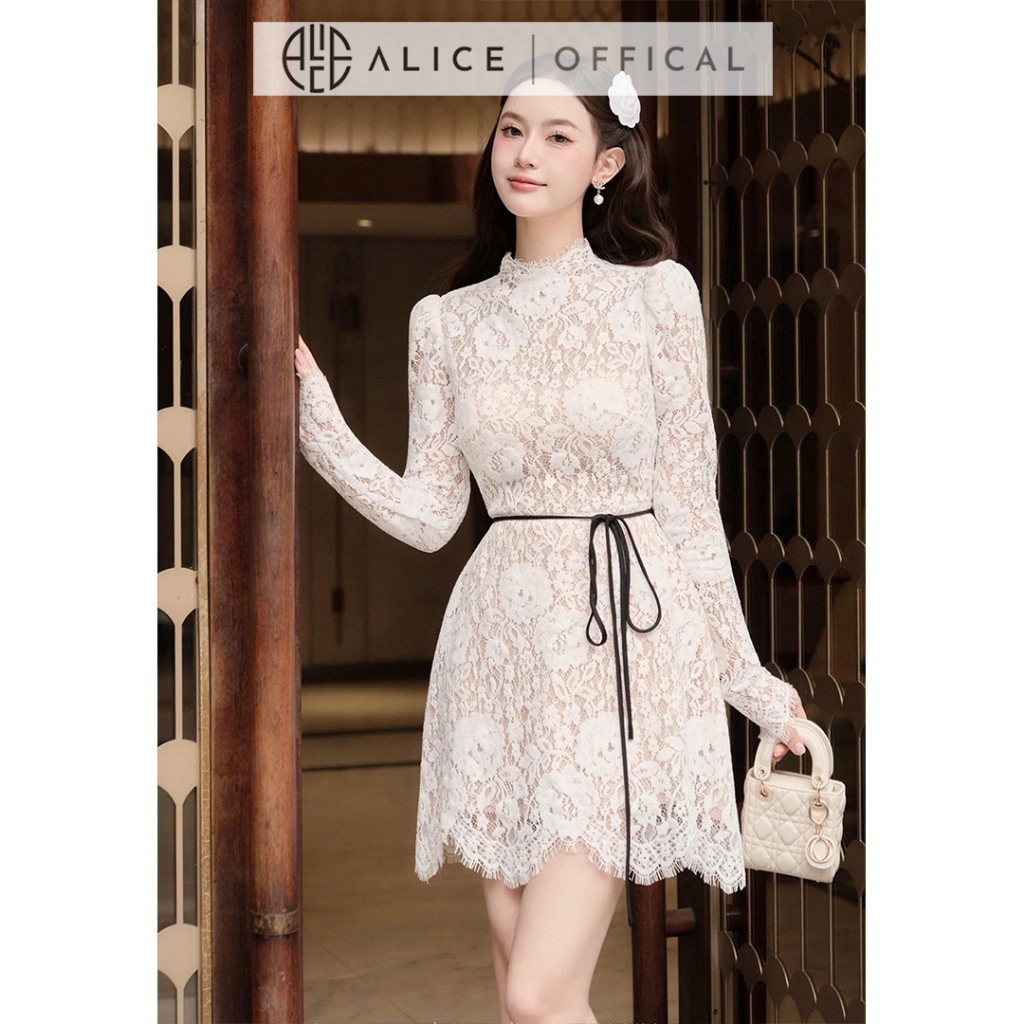 Váy Ren Hoa Cao Cấp Alice Dáng Ngắn Chữ A, Đầm Dài Tay Cổ Tròn Phối Dây Eo Tôn Dáng, Có Lót Lụa V1451