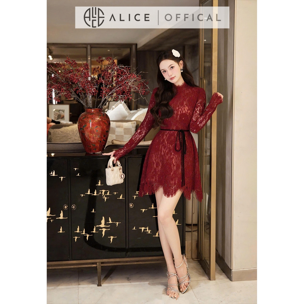 Váy Ren Hoa Cao Cấp Alice Dáng Ngắn Chữ A, Đầm Dài Tay Cổ Tròn Phối Dây Eo Tôn Dáng, Có Lót Lụa V1451