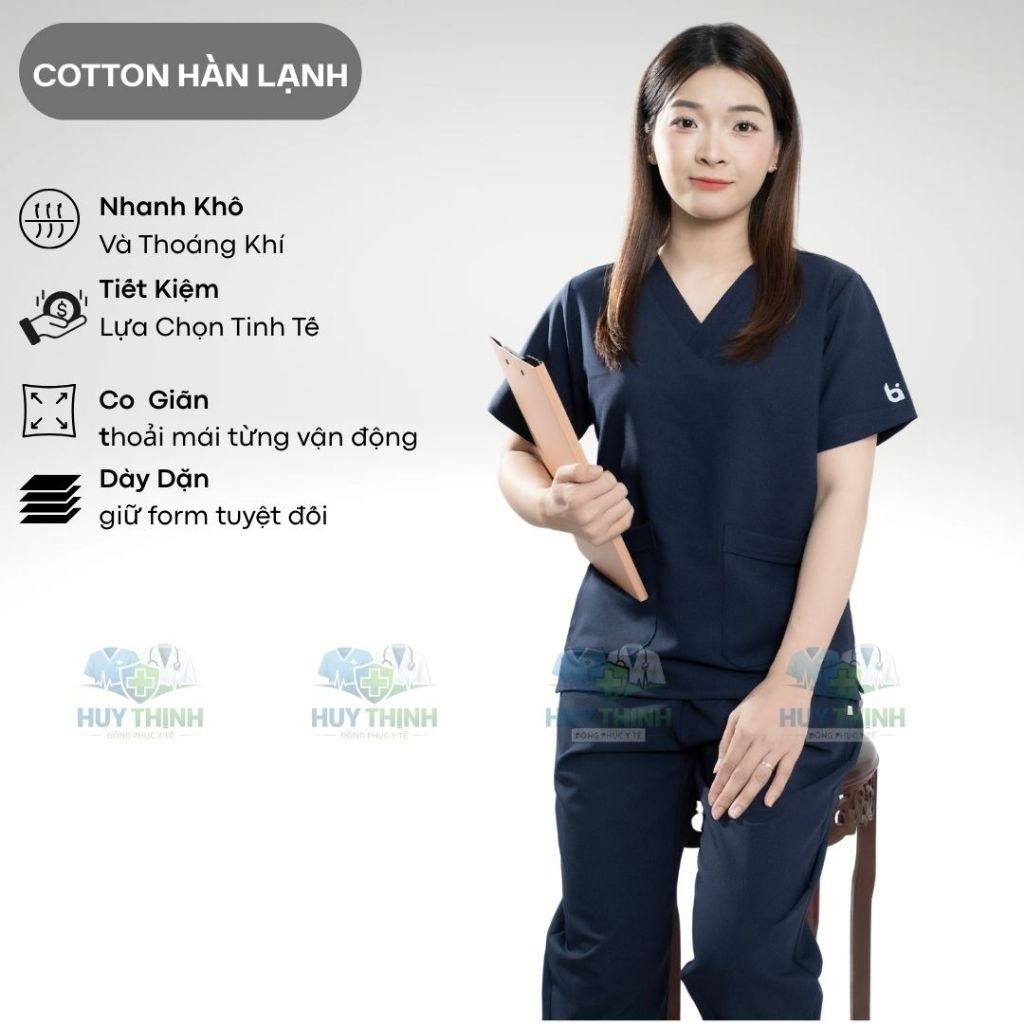 Bộ Scrubs cổ tim màu xanh than vải cotton lạnh hàn cao cấp, đồng phục phòng khám,spa,phòng mổ, áo nha khoa điều dưỡng