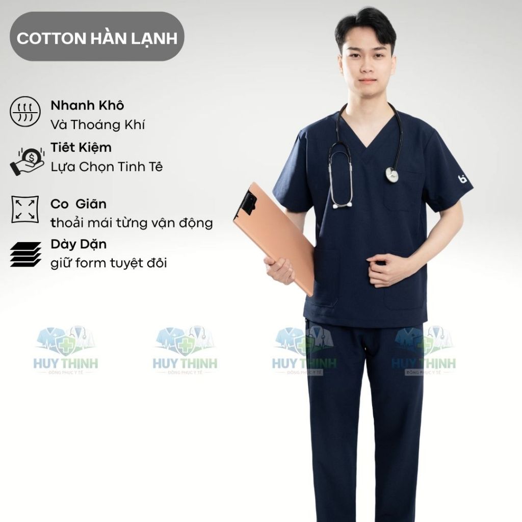 Bộ Scrubs cổ tim màu xanh than vải cotton lạnh hàn cao cấp, đồng phục phòng khám,spa,phòng mổ, áo nha khoa điều dưỡng