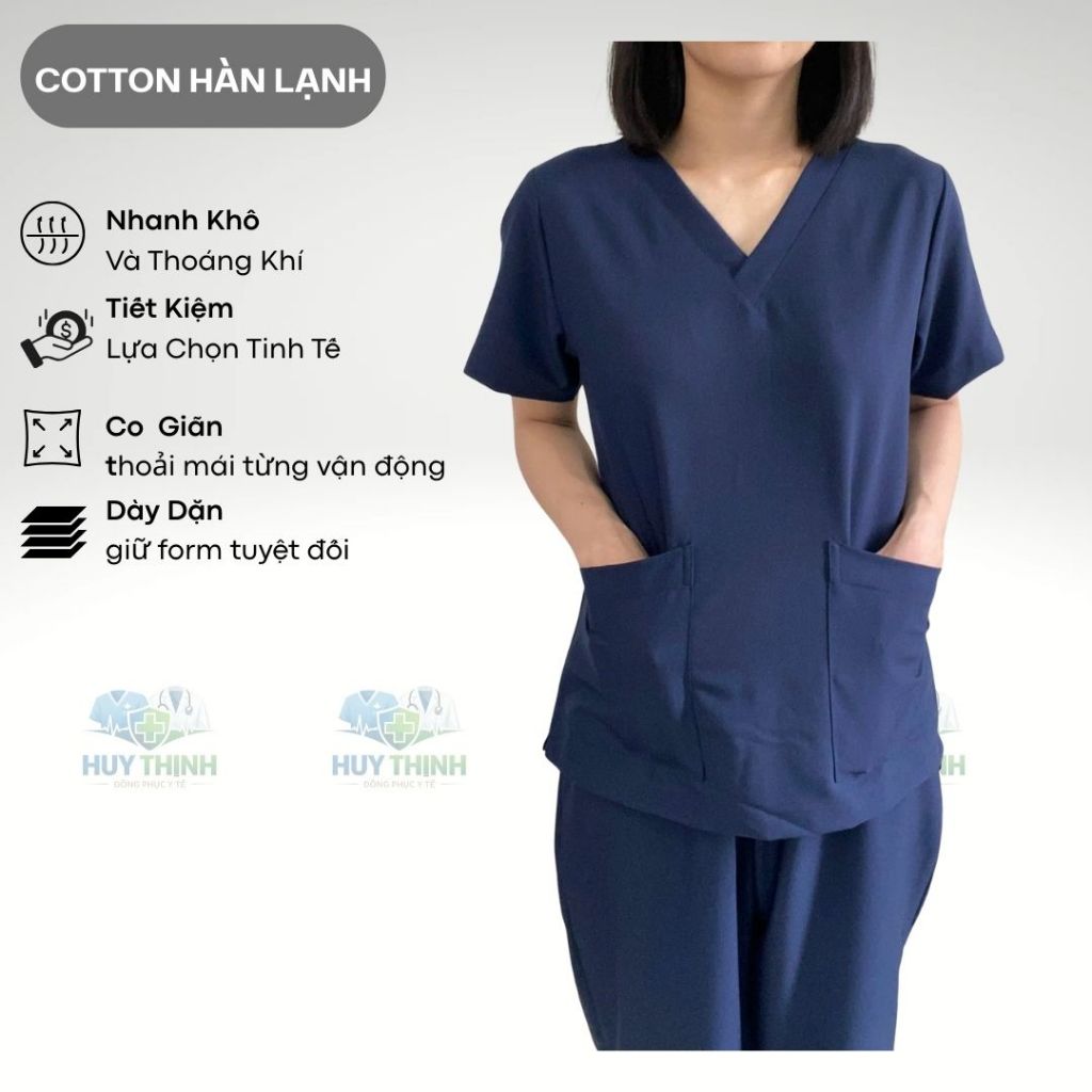 Bộ Scrubs cổ tim màu xanh than vải cotton lạnh hàn cao cấp, đồng phục phòng khám,spa,phòng mổ, áo nha khoa điều dưỡng