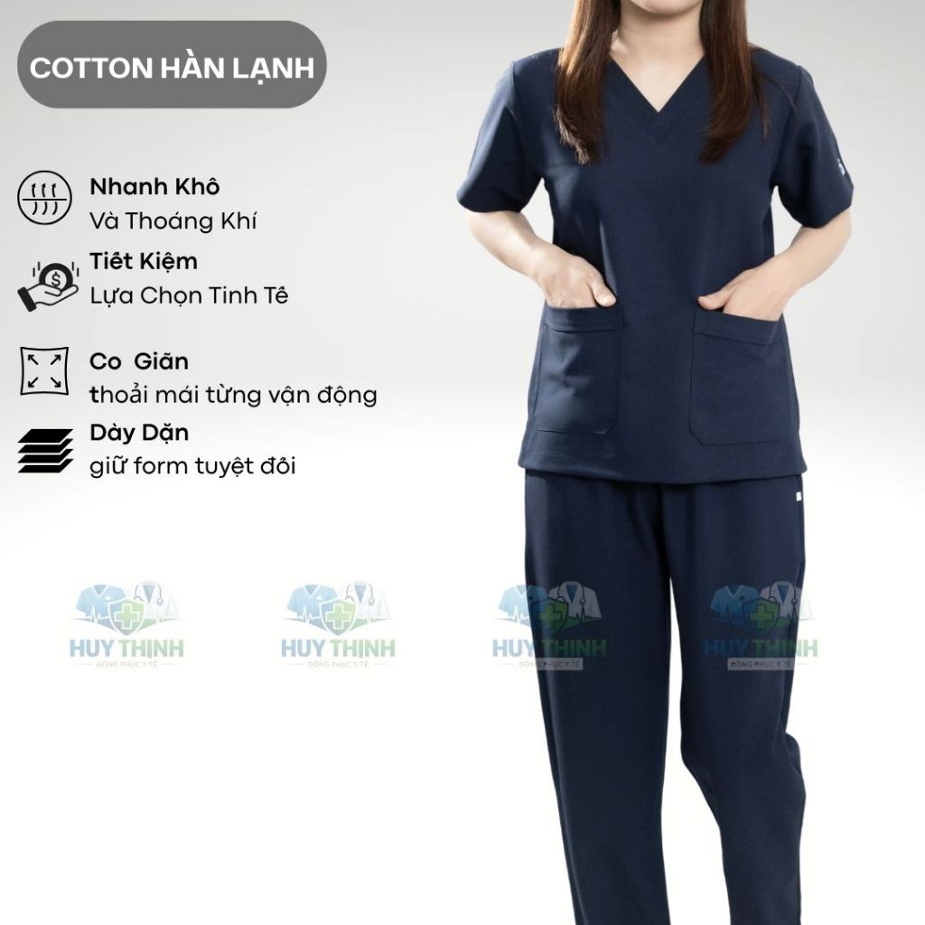 Bộ Scrubs cổ tim màu xanh than vải cotton lạnh hàn cao cấp, đồng phục phòng khám,spa,phòng mổ, áo nha khoa điều dưỡng
