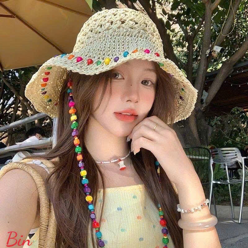 Mũ Cói Nữ Đính Hạt Nhiều Màu Phong Cách Vintage – Mũ Bucket Cói Mùa Hè Thoáng Mát, Có Dây Hạt Trang Trí