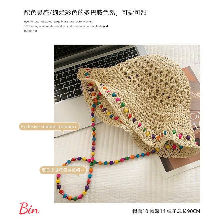 Mũ Cói Nữ Đính Hạt Nhiều Màu Phong Cách Vintage – Mũ Bucket Cói Mùa Hè Thoáng Mát, Có Dây Hạt Trang Trí