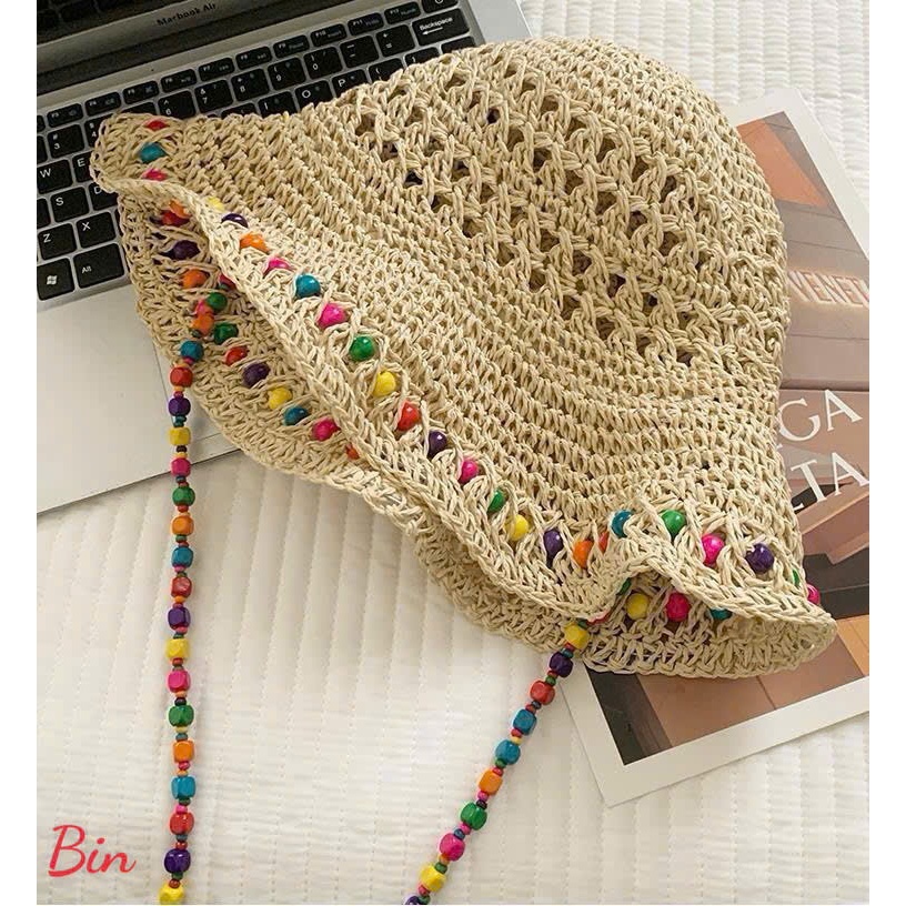 Mũ Cói Nữ Đính Hạt Nhiều Màu Phong Cách Vintage – Mũ Bucket Cói Mùa Hè Thoáng Mát, Có Dây Hạt Trang Trí