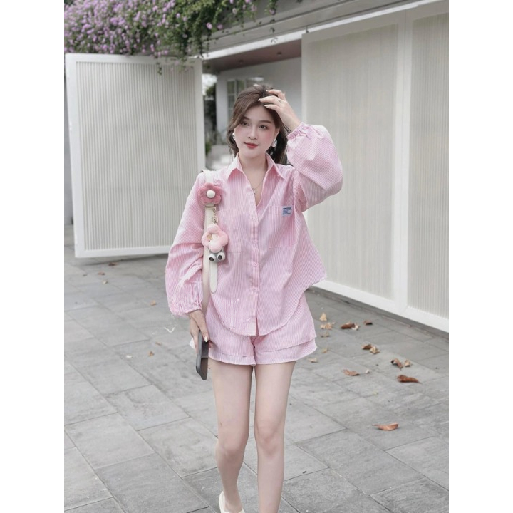 Set đồ nữ, đồ bộ nữ DONNA HCOM25379 áo sơ mi tay dài mix quần đùi trẻ trung, năng động