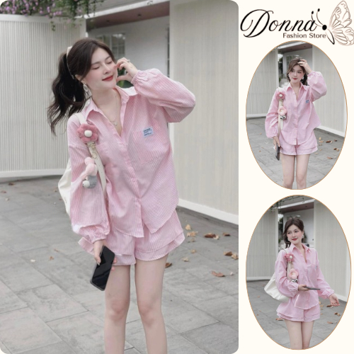 Set đồ nữ, đồ bộ nữ DONNA HCOM25379 áo sơ mi tay dài mix quần đùi trẻ trung, năng động