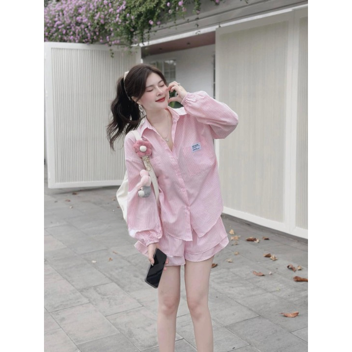 Set đồ nữ, đồ bộ nữ DONNA HCOM25379 áo sơ mi tay dài mix quần đùi trẻ trung, năng động