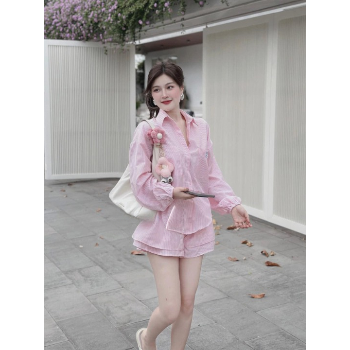 Set đồ nữ, đồ bộ nữ DONNA HCOM25379 áo sơ mi tay dài mix quần đùi trẻ trung, năng động