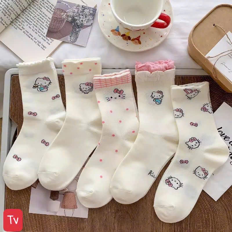 Tất Nữ Cổ Trung Họa Tiết Mèo Dễ Thương – Vớ Cotton Mềm Mịn Thoáng Khí Phong Cách Hàn Quốc