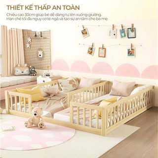 Giường Đôi Cho Bé Lucki Thanh Rào Chắn Gỗ Thông Mới 100%, Giường ngủ cho bé Sinh Đôi Ngủ Riêng với Bố Mẹ từ 1 - 3 tuổi
