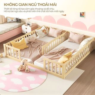 Giường Đôi Cho Bé Lucki Thanh Rào Chắn Gỗ Thông Mới 100%, Giường ngủ cho bé Sinh Đôi Ngủ Riêng với Bố Mẹ từ 1 - 3 tuổi
