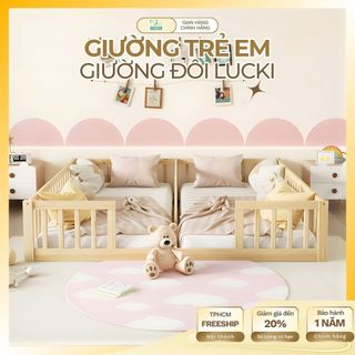 Giường Đôi Cho Bé Lucki Thanh Rào Chắn Gỗ Thông Mới 100%, Giường ngủ cho bé Sinh Đôi Ngủ Riêng với Bố Mẹ từ 1 - 3 tuổi