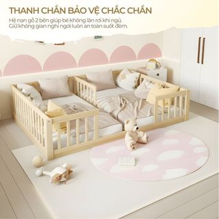 Giường Đôi Cho Bé Lucki Thanh Rào Chắn Gỗ Thông Mới 100%, Giường ngủ cho bé Sinh Đôi Ngủ Riêng với Bố Mẹ từ 1 - 3 tuổi