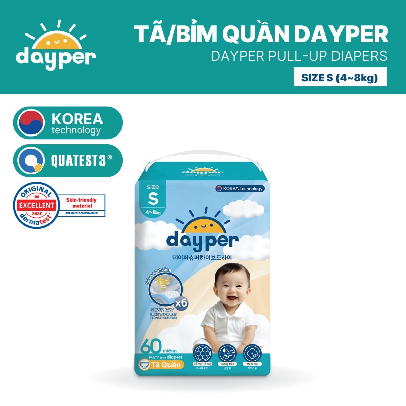Tã/bỉm quần Dayper S60/M58/L52/XL50/XXL46 - Super Hive Dry mới thấm hút gấp 6 lần