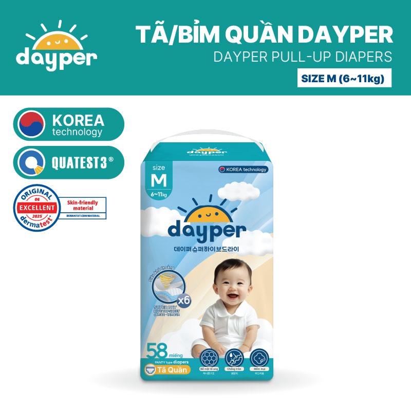 Tã/bỉm quần Dayper S60/M58/L52/XL50/XXL46 - Super Hive Dry mới thấm hút gấp 6 lần