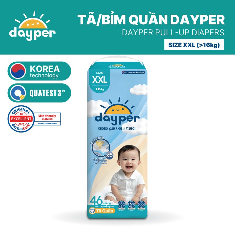 Tã/bỉm quần Dayper S60/M58/L52/XL50/XXL46 - Super Hive Dry mới thấm hút gấp 6 lần