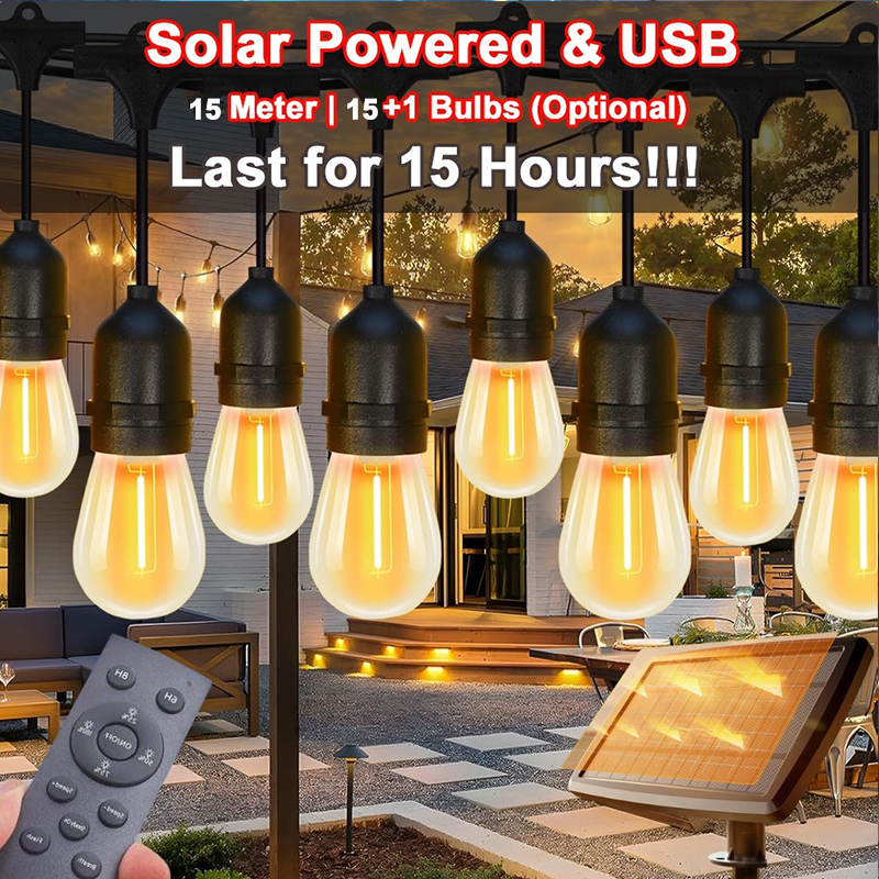 S14 Năng Lượng Mặt Trời Dây Đèn LED Trang Trí Ngoài Trời Chống Nước 15M/15Đèn, Bóng Đèn Chống Nước, Có Điều Khiển Từ Xa