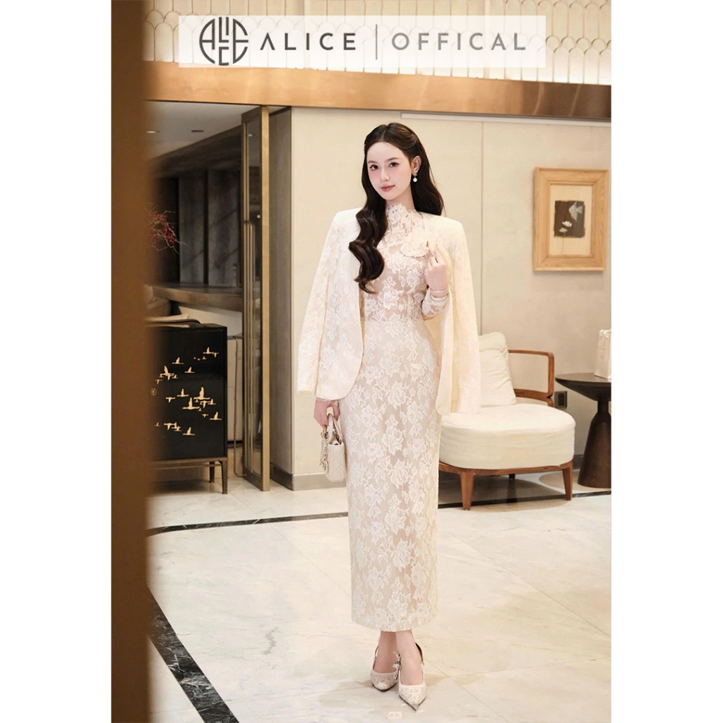 Set Váy Ren Cao Cấp Alice, Đầm Dáng Dài Ôm Body Phối Hoa Trà Cổ Cao Kem Áo Khoác Ren S1066