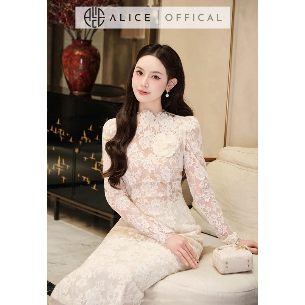 Set Váy Ren Cao Cấp Alice, Đầm Dáng Dài Ôm Body Phối Hoa Trà Cổ Cao Kem Áo Khoác Ren S1066