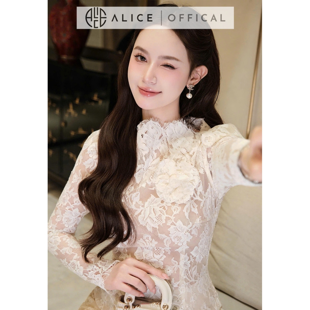 Set Váy Ren Cao Cấp Alice, Đầm Dáng Dài Ôm Body Phối Hoa Trà Cổ Cao Kem Áo Khoác Ren S1066