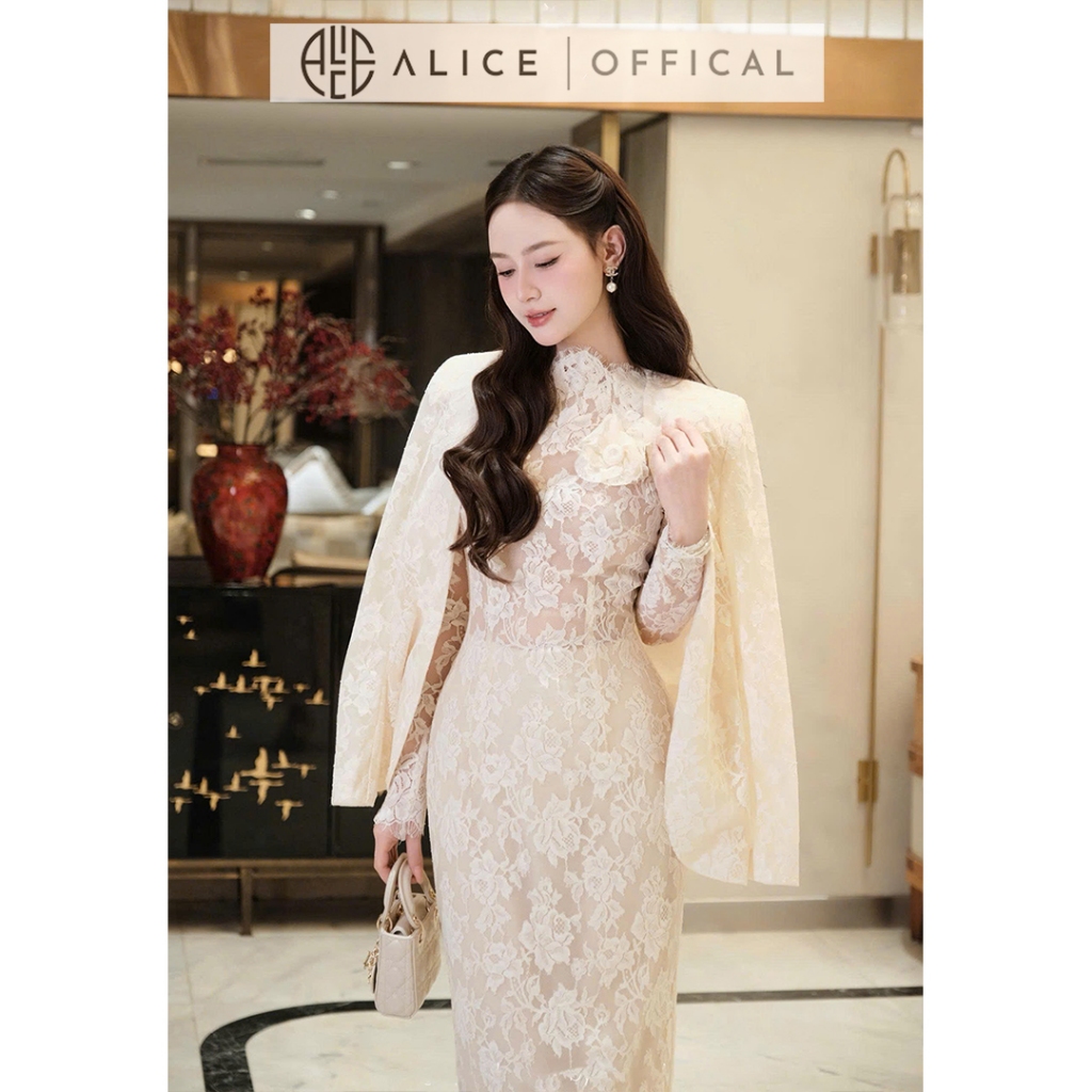 Set Váy Ren Cao Cấp Alice, Đầm Dáng Dài Ôm Body Phối Hoa Trà Cổ Cao Kem Áo Khoác Ren S1066