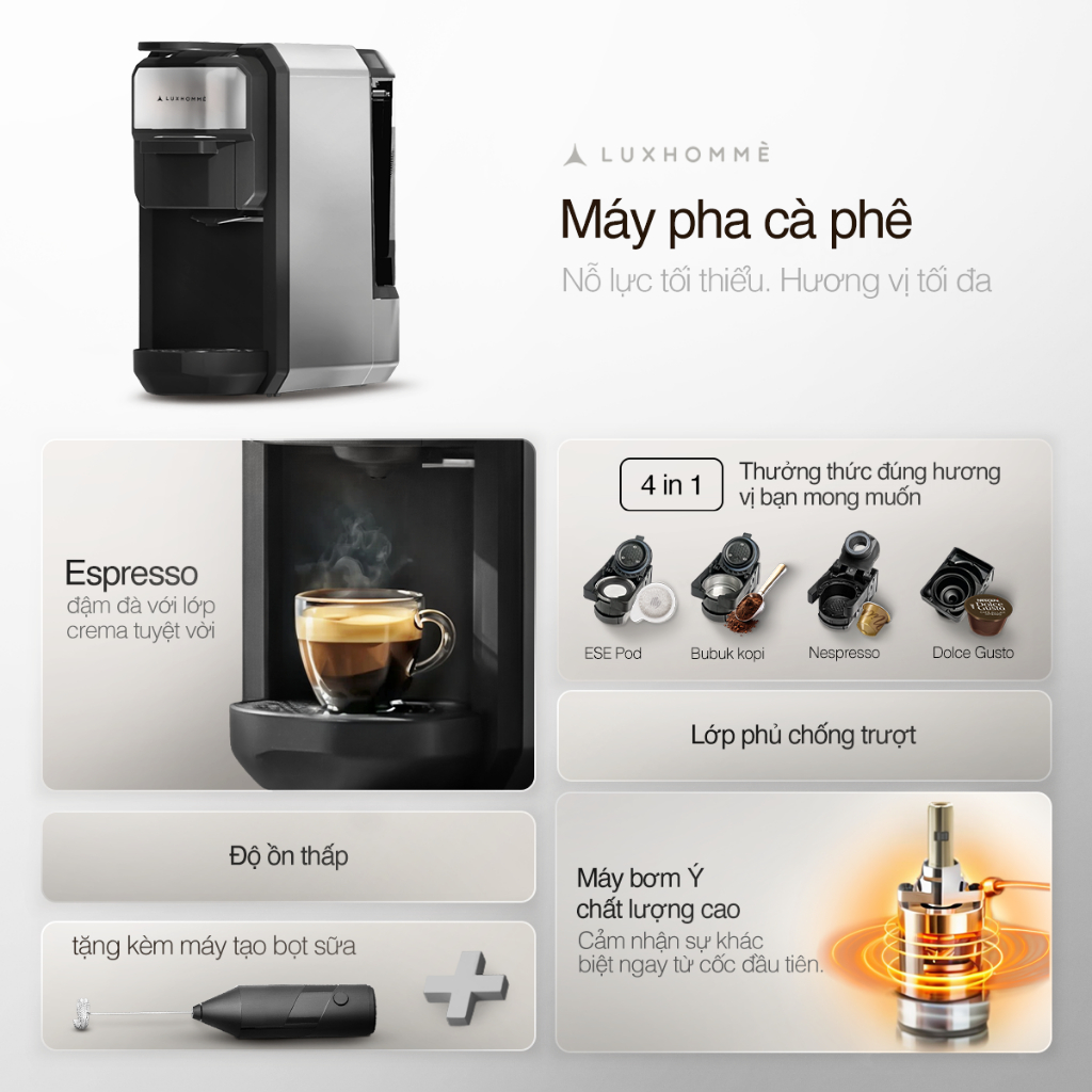 Máy Pha Cà Phê Đa Năng LUXHOMME | Dùng Viên Nén Nespresso/Dolce Gusto/Bột | Espresso Nóng-Lạnh