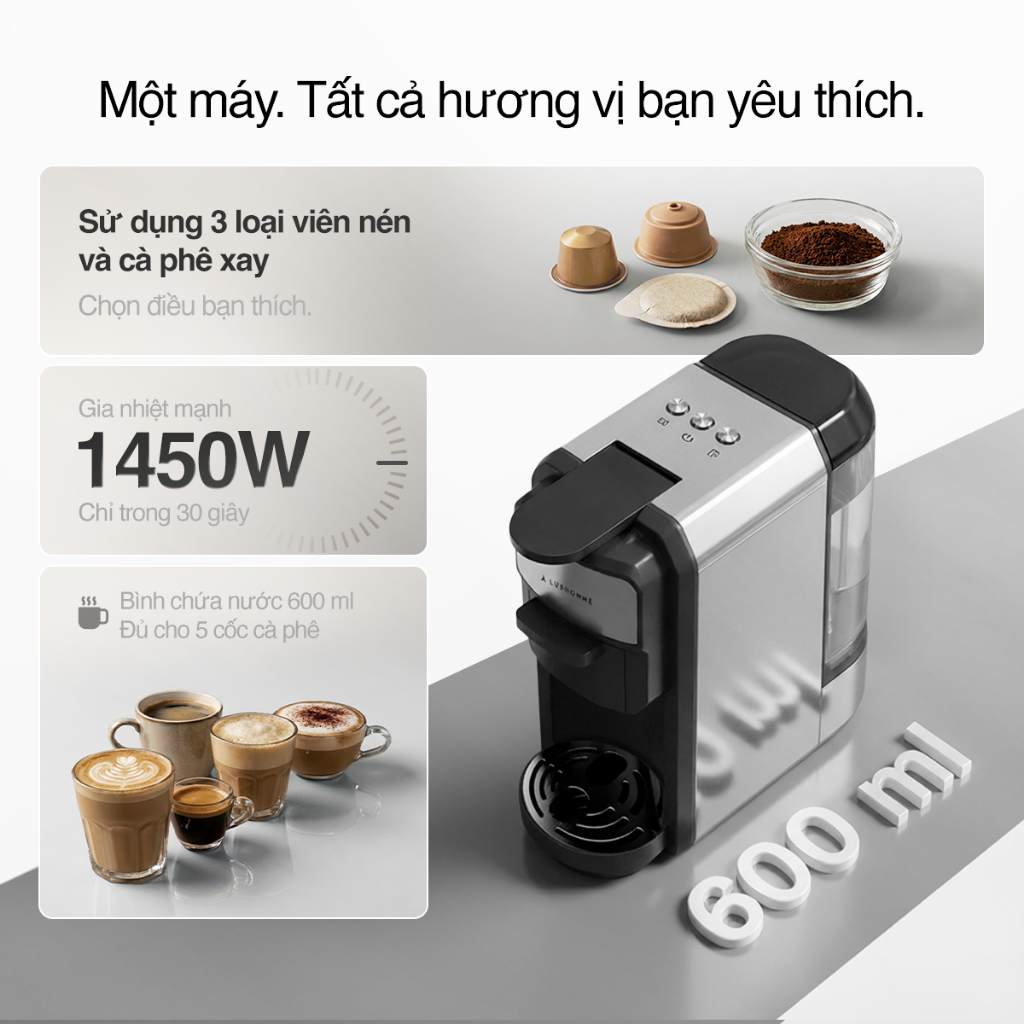 Máy Pha Cà Phê Đa Năng LUXHOMME | Dùng Viên Nén Nespresso/Dolce Gusto/Bột | Espresso Nóng-Lạnh