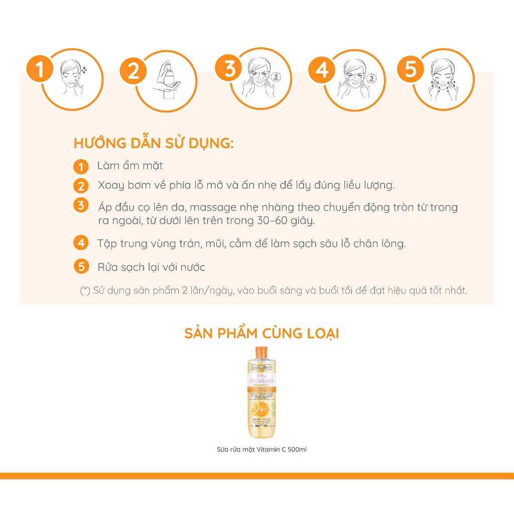 Sữa rửa mặt tạo bọt Micellar EVOLUDERM VITAMIN C MICELLAR FOAM giúp làm sạch bụi bẩn trên da 150ml
