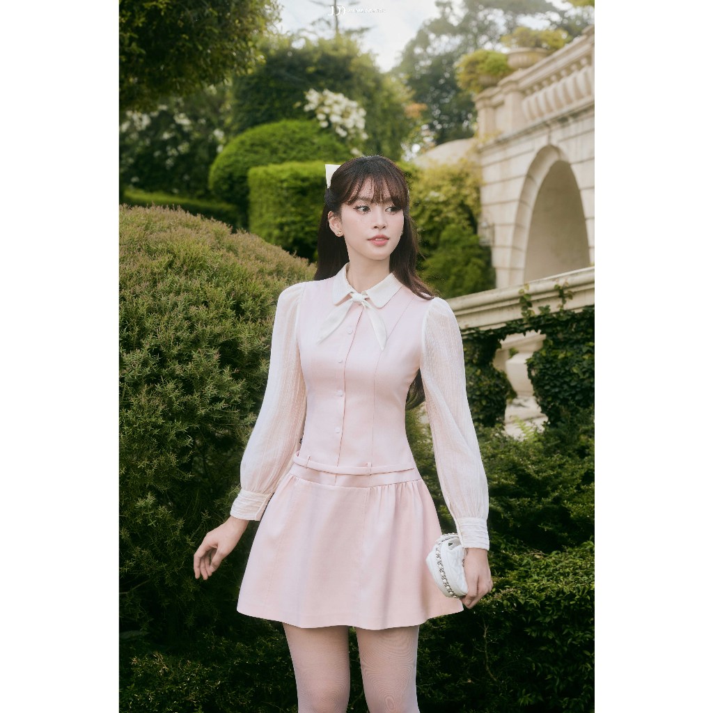 Đầm Xuân Hè Chân Nhún Tay Phối Tơ 1S07.2601. Đầm Dáng Xòe Nữ Tính Thanh Lịch Đi Làm Đi Tiệc Ngày Phong Cách Vintage JM