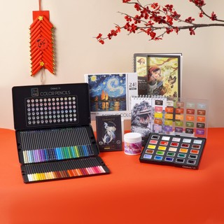 Combo Họa Cụ Chào Tết GLOBAL ART- Bộ Luyện Vẽ Tô Màu Chì, Màu Nước, Acrylic Kèm 1 Sổ Sketchbook