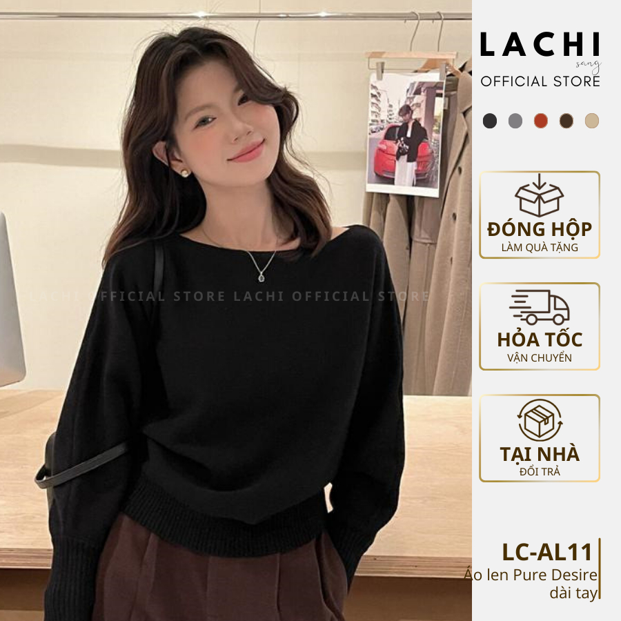 Áo len trễ vai tay dài form rộng mùa đông Lachi dáng rộng chất len dệt ...