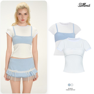 Áo thun nữ MONÁ Áo baby tee ôm dáng phối 2 lớp chất thun cotton co giãn - BELIA
