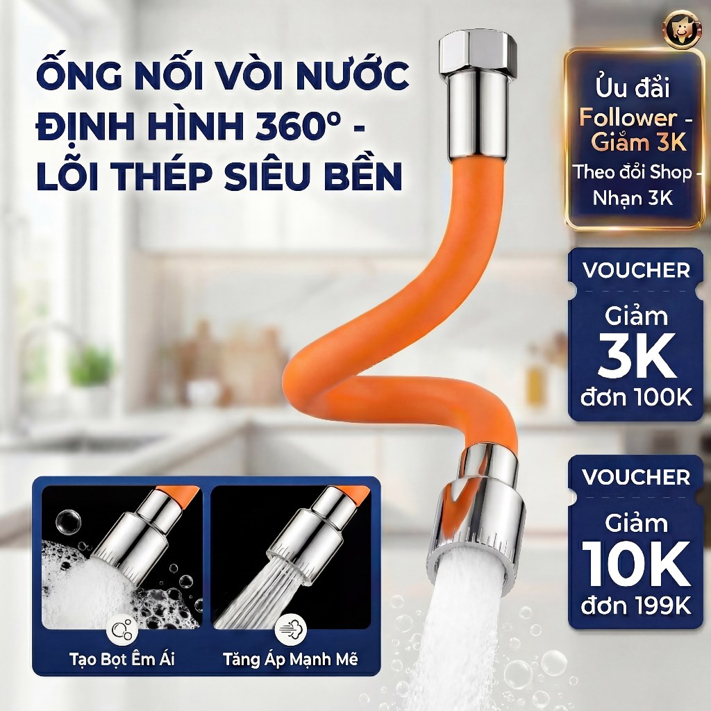 Ống Nối Dài Vòi Nước,Xoay360°  - Tăng Áp 2 chế độ phun Bắn Nước Lõi Thép 20/50/75cm
