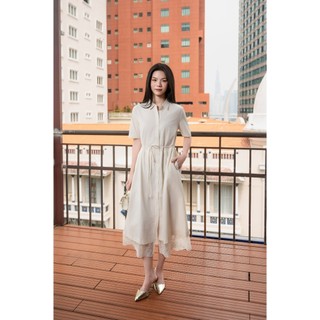 SWANLAKE | Váy Đầm Sơ Mi Nữ Cotton Phối Ren Hoa Dây Thắt Eo Tay Ngắn Công Sở Thanh Lịch D13441