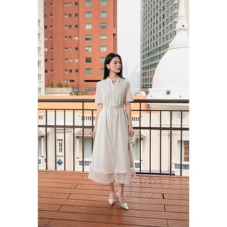 SWANLAKE | Váy Đầm Sơ Mi Nữ Cotton Phối Ren Hoa Dây Thắt Eo Tay Ngắn Công Sở Thanh Lịch D13441