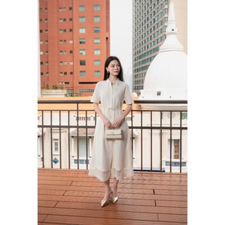SWANLAKE | Váy Đầm Sơ Mi Nữ Cotton Phối Ren Hoa Dây Thắt Eo Tay Ngắn Công Sở Thanh Lịch D13441