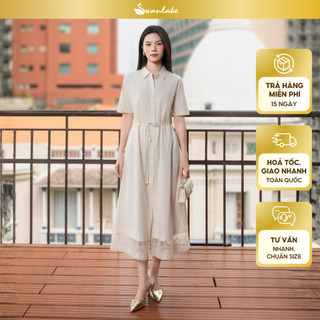 SWANLAKE | Váy Đầm Sơ Mi Nữ Cotton Phối Ren Hoa Dây Thắt Eo Tay Ngắn Công Sở Thanh Lịch D13441