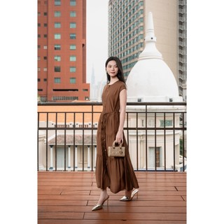 SWANLAKE | Váy Đầm Nữ Maxi Đuôi Cá Xếp Tầng Trơn Tơ Cotton Sát Nách Cài Nút Tiệc Dây Thắt Eo D12971