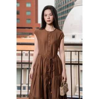 SWANLAKE | Váy Đầm Nữ Maxi Đuôi Cá Xếp Tầng Trơn Tơ Cotton Sát Nách Cài Nút Tiệc Dây Thắt Eo D12971