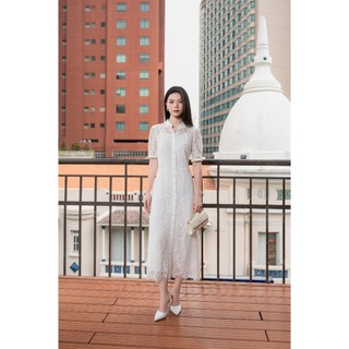 SWANLAKE | Váy Đầm Sơ Mi Nữ Vải Phối Ren Hoa 2 Lớp Chiết Eo Tay Ngắn Sang Trọng Đi Tiệc D13326