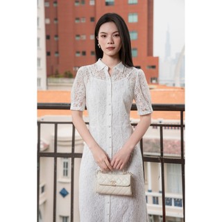 SWANLAKE | Váy Đầm Sơ Mi Nữ Vải Phối Ren Hoa 2 Lớp Chiết Eo Tay Ngắn Sang Trọng Đi Tiệc D13326