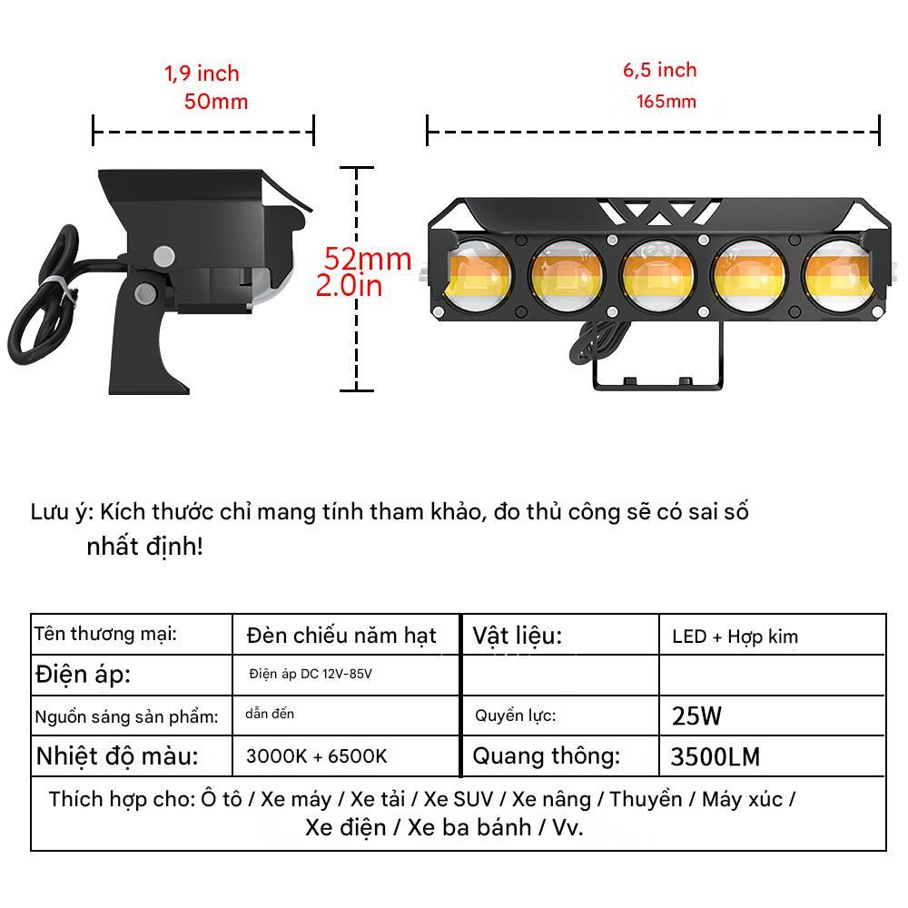 Đèn Pha Trợ Sáng LED 5 Mắt Siêu Sáng 25W 2 Chế Độ Màu Trắng Vàng Chống Nước Dùng Cho Ô Tô Xe Máy Xe Điện DC 12V-85V