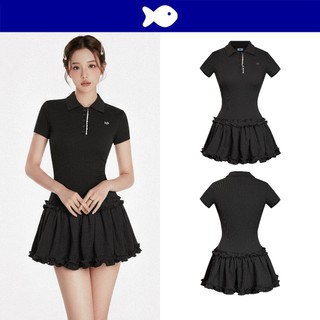 Đầm polo dáng xòe lai phối bèo DKMV tay ngắn thiết kế hàng nút đính dây ren đáng yêu màu đen Bomie Dress | K-D22-D